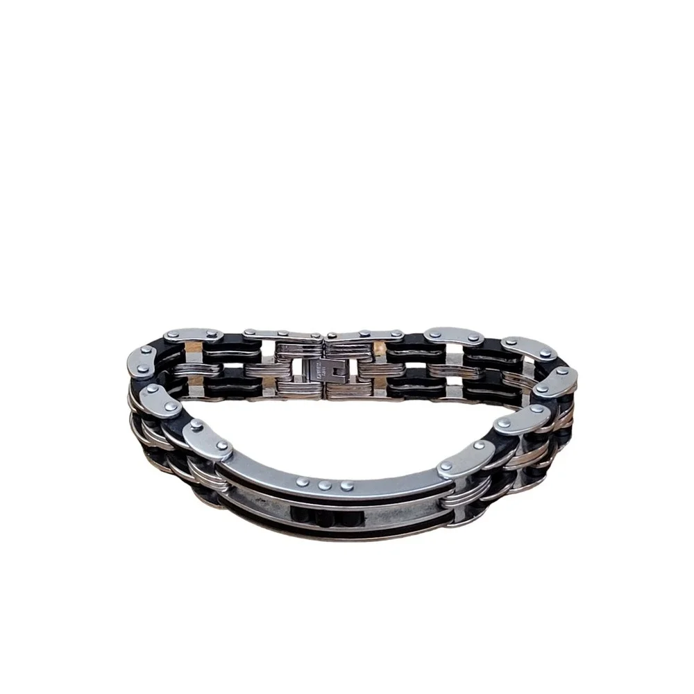 Men's Silver Stainless Steel Motorcycle Bike‎ Chain Link Bracelet Black Accents